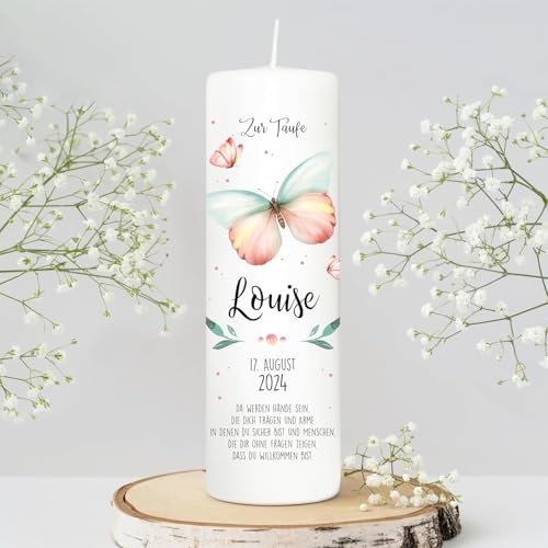Wandtattoo Loft Taufkerze Mädchen mit Taufspruch, Motiv mit Schmetterlingen, 25cm x 8cm, personalisierte Kerze, bedruckte Kerze zur Taufe, Stumpenkerze, individuelles Taufgeschenk