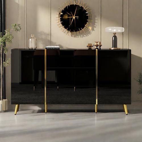 Wyibwy Modernes Sideboard mit 2 Türen und 3 Schubladen, dekorativ, glänzend, für Wohnzimmer, Esszimmer, Wohnzimmer, Flur, 140 x 40 x 76 cm, Schwarz