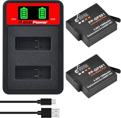 Pickle Power 2 batterie da 1500 mAh per Gopro Hero 5/6 Gopro Hero 2018 Gopro 7 fotocamera + caricatore LED Rapid Type-C a 2 canali, AHDBT-501, compatibile con Hero5 All Firmwares v02.00, v02.01