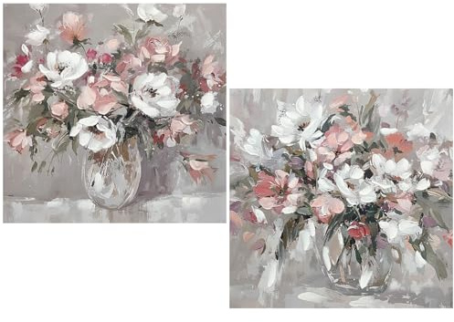 DRW Quadro su Tela di Un Vaso con Fiori Dipinti a Mano in Bianco. Rosa e Verde 80 x 3 x 80 cm, Medidas: 80x3x80cm