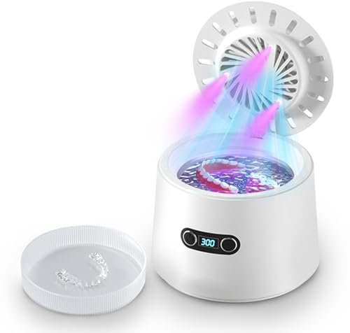 Pulitore Ultrasuoni, 48000Hz Pulitore Gioielli Ultrasuoni, Lampada UV Lavatrice Ultrasuoni per Apparecchio Denti Protesi Dentali Retainer Anelli Collane(bianco)