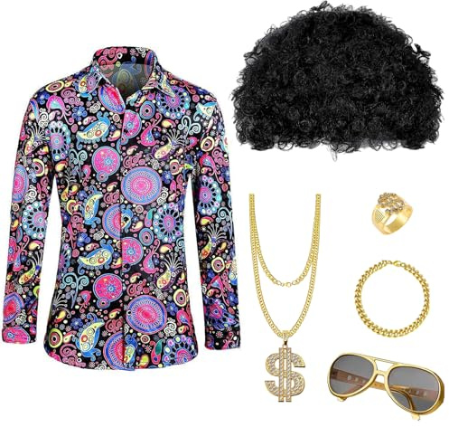 Boyigog Disco Kostüm Herren, 70er Jahre Disco Hippie Outfit Set mit Print Shirt Perücke Sonnenbrille Halskette, Hippie Kostüm für Halloween Karneval Fasching 70er 80er Themen Party