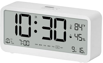 SCOAGE Digital Alarm Clock (White), Humidity Display, Dual Alarm, 12/24H | Battery powered, quiet operation, for bedroom bedside, suitable for adults kids, easy setup, clear digital display