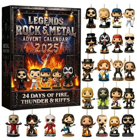 Adventskalender 2025 Legends of Rock & Metal - 24 Tage Countdown Kalender mit 2D ikonischen Musikfiguren Sammlerstücke, Geschenke für Rock & Metal Fans, geeignet für Halloween und Weihnachten (A)