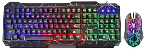 Ensemble clavier et souris de jeu filaire Crack arc-en-ciel, 104 touches lumineuses au toucher mécanique, clavier d'ordinateur et souris de jeu filaires pour PC, Mac, Xbox Gamer (Noir)