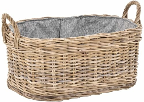 Holzkorb für Kaminholz Rattan geflochten mit Griffen und Stoff Tragekorb Holz (Grau Natur, 55x42cm)