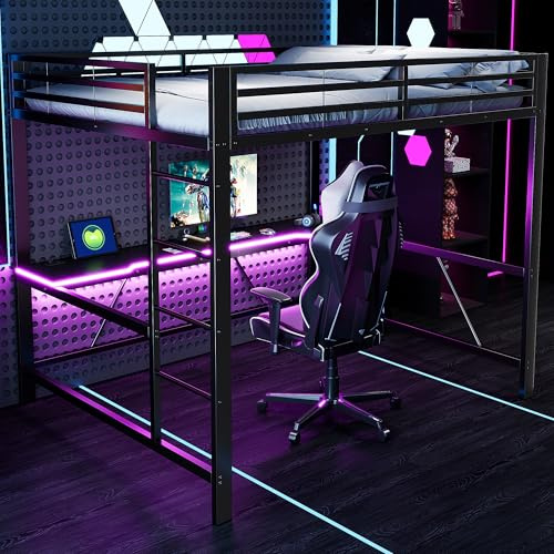 Wyibwy Letto a soppalco gaming 160x200cm con illuminazione LED e stazione di ricarica USB,metallo Letto a soppalco con scrivania,Ferro letto 160x200,letto per ado,per ragazzi, senza materasso(Nero)