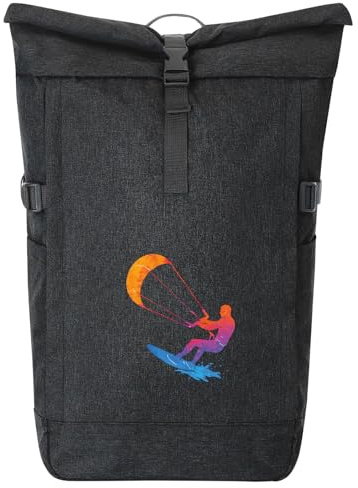 Huuraa Kurierrucksack Kitesurfen bunte Silhouette Geschenk | 30-44 Liter Backpack Black Melange Fairtrade Rolltop Rucksack Geschenkidee Schwarzer Laptop-Rucksack passend für 17-Zoll