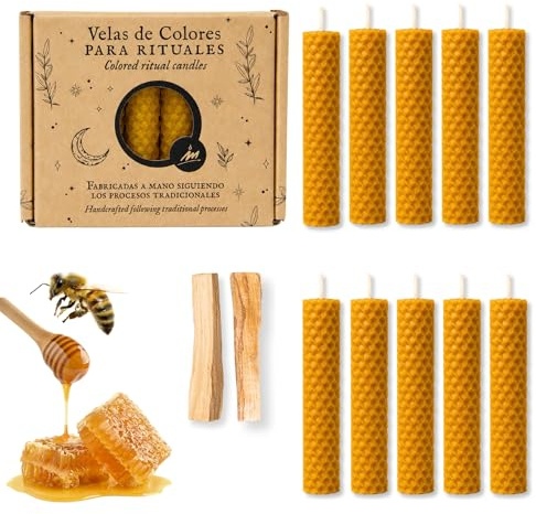 Pack 10 Velas Miel de Abeja + 2 Bastones Palo Santo Premium – Cera Natural Aroma Real – Set Ritual Limpieza Energética Meditación – Hechas en España – Las Velas de Mariano