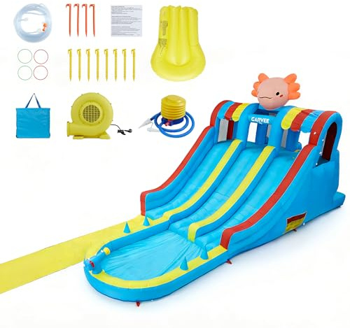 8-in-1 Inflatable Hexagonal Dragon Water Park for Kids, Giant Bouncy Castle, Dual Racing Slides, Climbing Wall, Water Cannon, Sprinkler & Pool, Indoor/Outdoor Play, 810x249x272cm