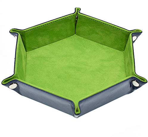 Cusdie Folding Hexagon Dice Tray - Leather and Velvet Dice Holder for DND and Table Games (Green)