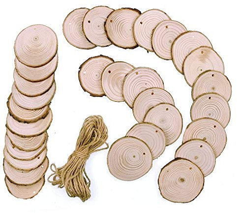 JZK 30 x Dischetti legno grezzo con foro spago 6-7cm segnaposto dischi legno vero con corteccia per pirografo dipingere per decorazioni matrimonio rustico albero di Natale