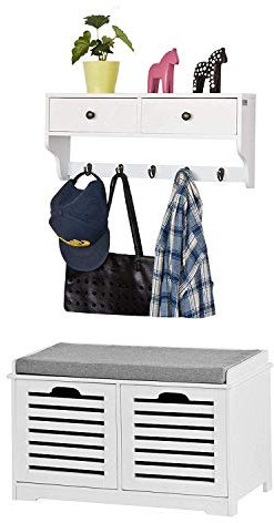 SoBuy FSR23-K-W FRG178-W Meuble d'entrée à chaussures avec porte-manteaux, Banc