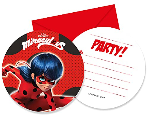 Procos 91351 - Einladungen & Umschläge, jeweils 6 Stück, Miraculous Ladybug, Kindergeburtstag