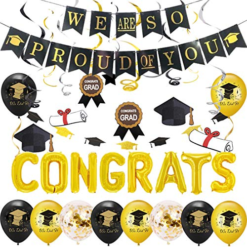 Kreatwow Abschlussfeier-Dekorationen 2025 Schwarz und Gold Graduierungs-Glückwünsche Luftballons We Are So Proud of You Banner Abschlusskappen-Girlande Hängende Wirbel Konfetti Luftballons
