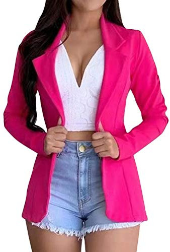 ORANDESIGNE Femme Blazer Élégant Manches Longues Slim Fit OL Bureau Affaire Casual Veste De Costume Devant Ouvert Manteau Cardigan Jacket Blouson A Rose Rouge 40