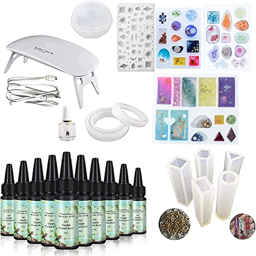 10 piezas de resina epoxi de cristal de 30 ml + 12 moldes con 100 anillos + lámpara LED UV para artesanía DIY Pendientes de joyería Collar Pulsera Fabricación de artesanías