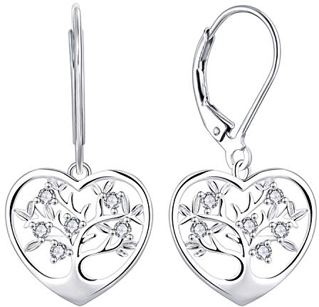 JO WISDOM Damen Hängende Ohrringe Baum des lebens Herz Silber 925 mit 3A Zirkonia Kristall,Ohrhänger lebenbaum,Schmuck für Frauen