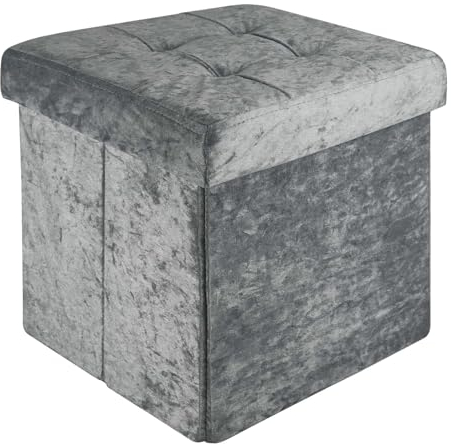 INTIRILIFE Faltbarer Sitzhocker 38x38x38 cm in Samt Grau - Sitzwürfel mit Stauraum und Deckel mit Samtbezug- Sitzcube Fußablage Aufbewahrungsbox Truhe Sitzbank
