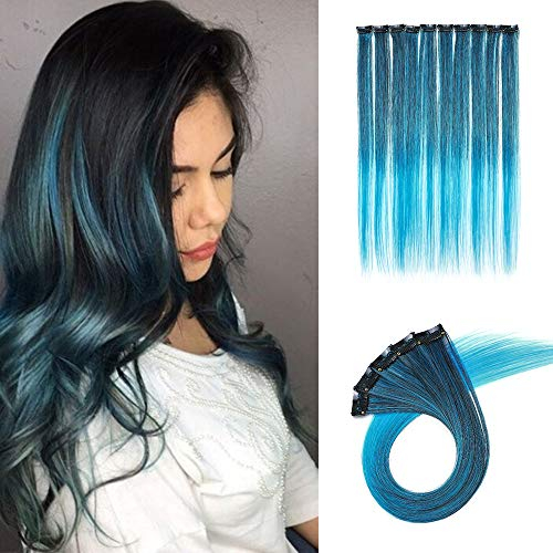 Haarverlängerungen Clip in Extensions Bunte Haarsträhnen Regenbogen Farbiger Haarteil 10 pcs Glatt Schwarz & Blau Glatt-10pcs-80g
