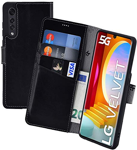 Suncase Book-Style Hülle kompatibel mit LG Velvet 5G Leder Tasche (Slim-Fit) Lederhülle Handytasche Schutzhülle Case mit 3 Kartenfächer in schwarz