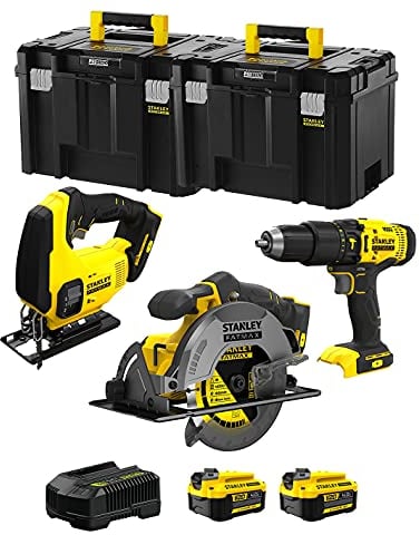 STANLEY FatMax Kit SVK303 (Scie Sauteuse SFMCS600 + Scie Circulaire SFMCS500 + Perceuse à Percussion SFMCD711 + 2 Batteries de 4,0 Ah + Chargeur + TSTAK VI)