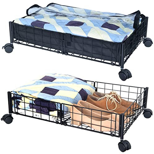 Unterbettkommode mit Rollen, 2-in-1 Rollwagen mit Auskleidungstaschen, passend für 16.5 cm niedriges Bettgestell, Unterbett-Schuhaufbewahrung, Unterbett-Aufbewahrungsbehälter, 2 Stück