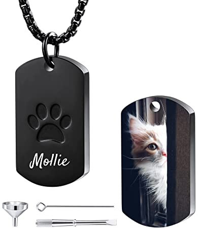 OTXIXTO Personnalisée Empreinte de Patte Urne Pendentif Coeur Ailes d'ange Cendres Collier Gravé Chien Chat Nom Photo Date Acier Inoxydable Mémorial Animal Souvenir avec Porte-clés