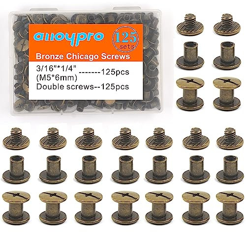 Chicago Lot de 125 vis assorties en bronze pour cuir et cuir - Rivets à fente - Poteaux de reliure - Rivets à ongles - Boulons Chicago pour bricolage du cuir - Bronze - 1,9 x 0,6 cm