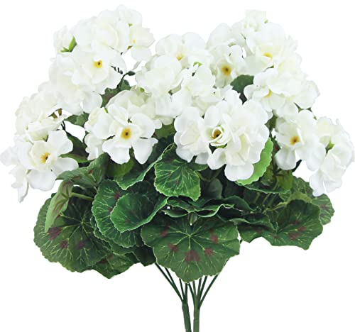 CISDUEO Künstliche Geranien für den Außenbereich, Seidenblumen, weiße künstliche Geranien, Strauch, Kunstblumen, Geranien für Blumen, Heimdekoration, Innenbereich, Garten, Terrasse, Grab,