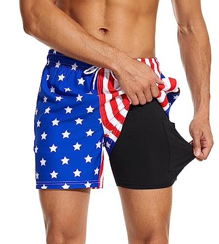 Aueyan Costume da bagno da uomo da 14 cm, con fodera a compressione e tasche con cerniera, ad asciugatura rapida, divertente costume da spiaggia, Bandiera americana., XX-Large