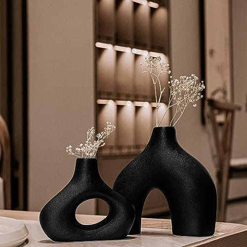 SANFERGE Keramikvase, 2er-Set für Heimdekoration, dekorative Vase mit Loch in der Mitte für Blumen-Pampasgras, Donut-Kreis, hohle Vase für Tafelaufsatz, moderne kreative künstlerische minimalistische