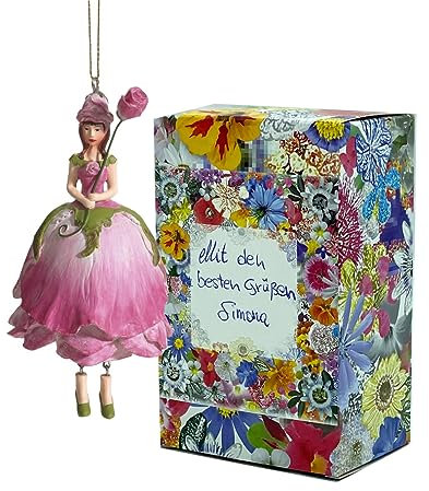Fiebiger Floristik Blumen-Mädchen Rosenmädchen altrosé zum Hängen Elfen-Dekofigur Flower Fairy Figur Blumenfigur Skulptur Blumenkinder in Geschenk-Box