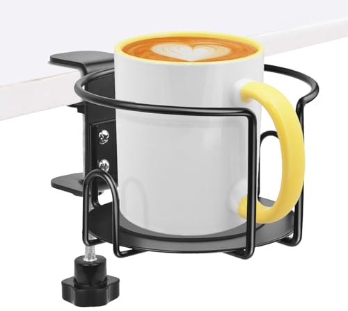 Hayder Desk Cup Holder, Sturdy Clamp On Anti Spill Cup Holder, Easy to Install Gaming Desk Accessories, Hold Coffee Cups, Mugs, Water Bottles
