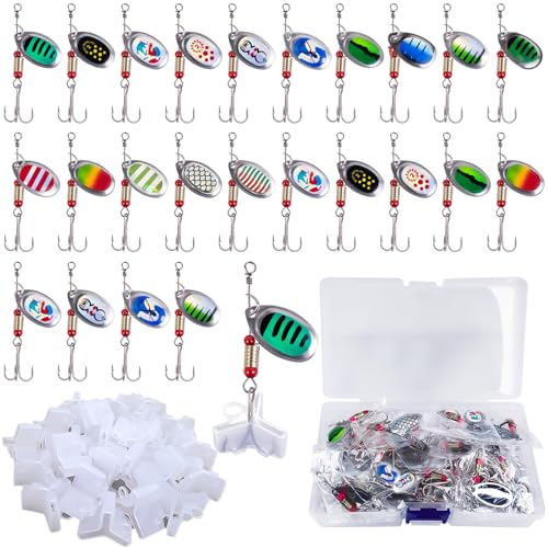 TTYSHIP® 24 Pièces Cuillere Peche, Cuillere Peche Truite en Métal avec 24 Couvre Hameçon Triple, Cuillère de Pêche avec Boîte pour Brochet, Bar et Truite
