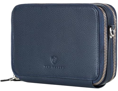 VON HEESEN Leder Geldbörse mit RFID-Blocker - Portemonnaie für Damen & Herren aus echtem Leder - Wallet mit Münzfach - Geldbeutel mit abnehmbarem Schultergurt für Frauen und Männer in Dunkelblau