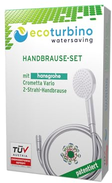 hansgrohe Crometta Vario, 2-Strahl Handbrause SET + ecoturbino® 10 Legio | ET10L Wasserspar Adapter + Duschschlauch + Duschkopf