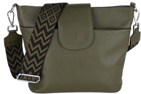 MIRROSI® Umhängetasche Damen, Echtleder, Made in Italy, BOHO Style30x24,50x9cm (BXHXT) viel Stauraum, Handtasche, Brusttasche, Crossbody Bag (1 Tasche & 2 Gurte) (Khaki (BOHO))