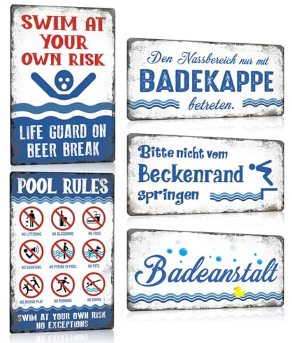 5er Set Blechschild Retro Pool mit Spruch Lustig | BADEANSTALT | SWIM AT YOUR OWN RISK | POOL RULES - Schwimmbad Sicherheitsschild Warnschild Wetterfest Schild Deko Zubehör für Pools Outdoor.