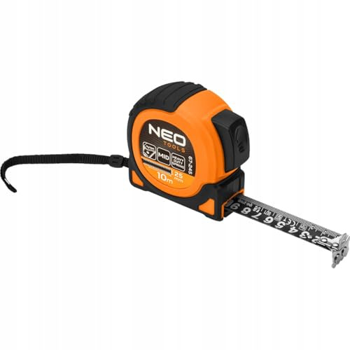 NEO TOOLS Professional Maßband 10m x 25mm - Schwarz Nylon-Stahlband - Magnethaken- 2 Stopp-Tasten - Doppelseitige Skala - Automatischer Bandstopp - MID-Genauigkeit - Anti-Rutsch Gehäuse, Gürtelklemme