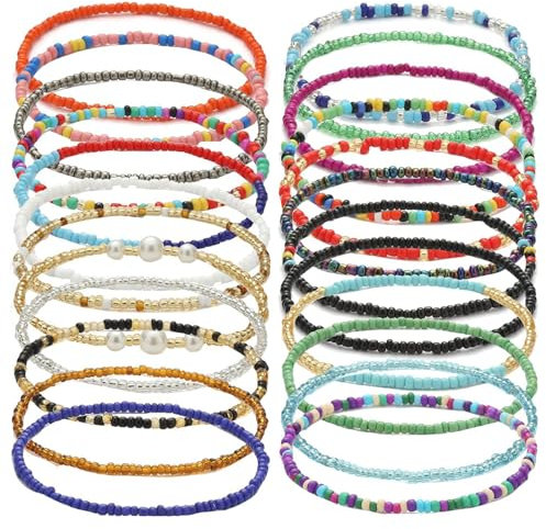 Cosswe Boho Fußkette Damen, 24 Stück Bunte Perlen Fußkette Boho Geschichtetes Perlen Fußkettchen Set Fußkettchen für Damen