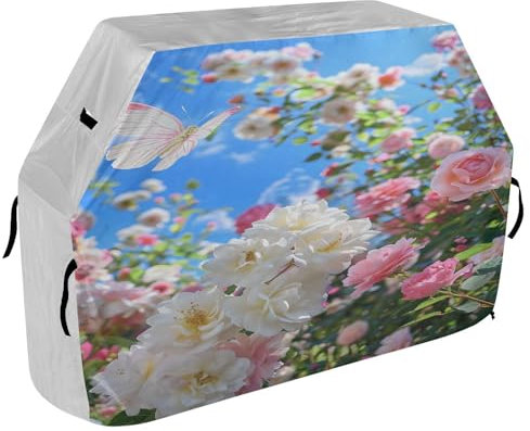 BBQ Grill Abdeckhaube Grillabdeckung für Outdoor Grill Anti-UV Wetterbeständig Wasserdicht Barbeque Grillabdeckung für die meisten Grills Rosa Blumen Weiße Rosen