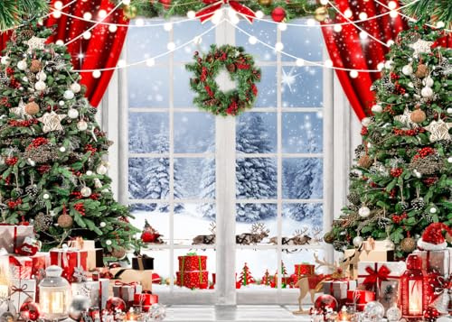AIIKES 7x5FT Weihnachtsfenster Fotografie Hintergrund Winter Schnee Weihnachtsbaum Geschenk Party Dekoration XY72