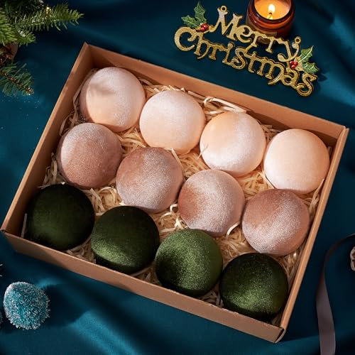 12 Stück Weihnachtskugeln aus Samt, 80 mm, mehrfarbig, grün, braun, neutral, Weihnachtsbaumschmuck (Größe L)