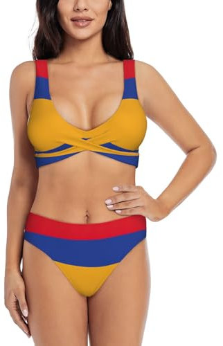 Ensemble bikini drapeau de l'Arménie pour femme – Maillot de bain 2 pièces taille haute pour femme 2024 avec contrôle du ventre, noir, Taille M