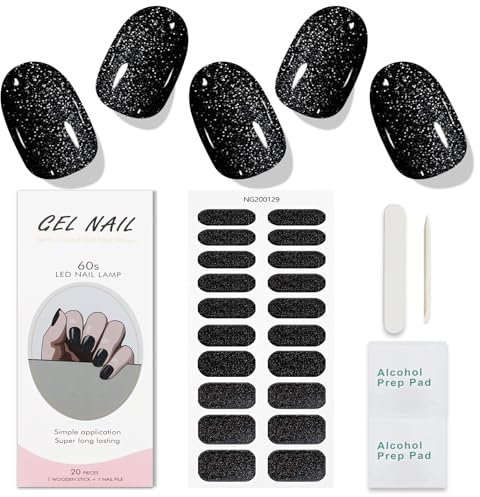 JMEOWIO Gel Nail Stickers Black Glitter Halloween Semi Cured Gel Nail Strips Wraps UV/LED Nails Art Design Decoration Accessories