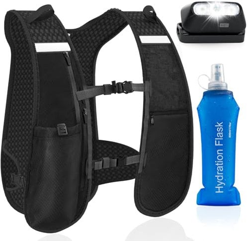 GGIE Running Hydration Vest, Lightweight Reflective Running Vest Pack with 500ml Soft Water Bottle and Headlamp for Men Women Marathon Trail Running Cycling Hiking Climbing