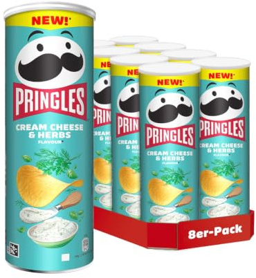 Pringles Cream Cheese & Herbs Chips, kräuteriger Snack-Klassiker, 8 x 165 g | Knackiger Crunch, wiederverschließbare Dose, Frischkäse-Kräuter-Geschmack, ideal für unterwegs, vegetarisch
