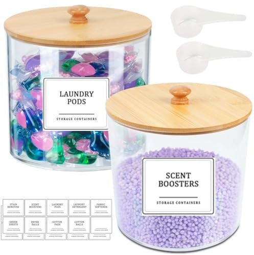 2PCS Storage Containers with Labels, 2.4 L & 2.1 L Washing Pods Storage Container with Bamboo Lid & Spoons, Bathroom Laundry Pod Storage Container for Washing Pods,Bath Bombs,Scent Booster