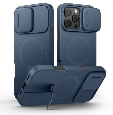 SURITCH Coque Magnétique Compatible avec iPhone 16 Pro Max, Coque de Protection avec Couvercle Coulissant pour Appareil Photo et Support réglable(Bleu foncé)